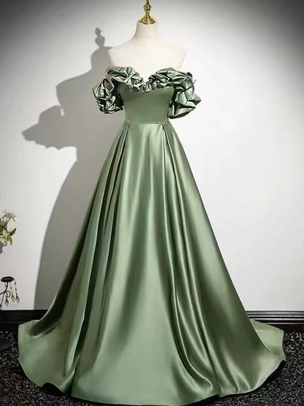Sage Green Off-the-Shoulder Satin Ball Gown with Ruffled Sleeves