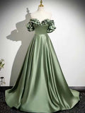 Sage Green Off-the-Shoulder Satin Ball Gown with Ruffled Sleeves