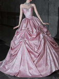 Blush Pink Strapless Satin Ball Gown with Bow Details