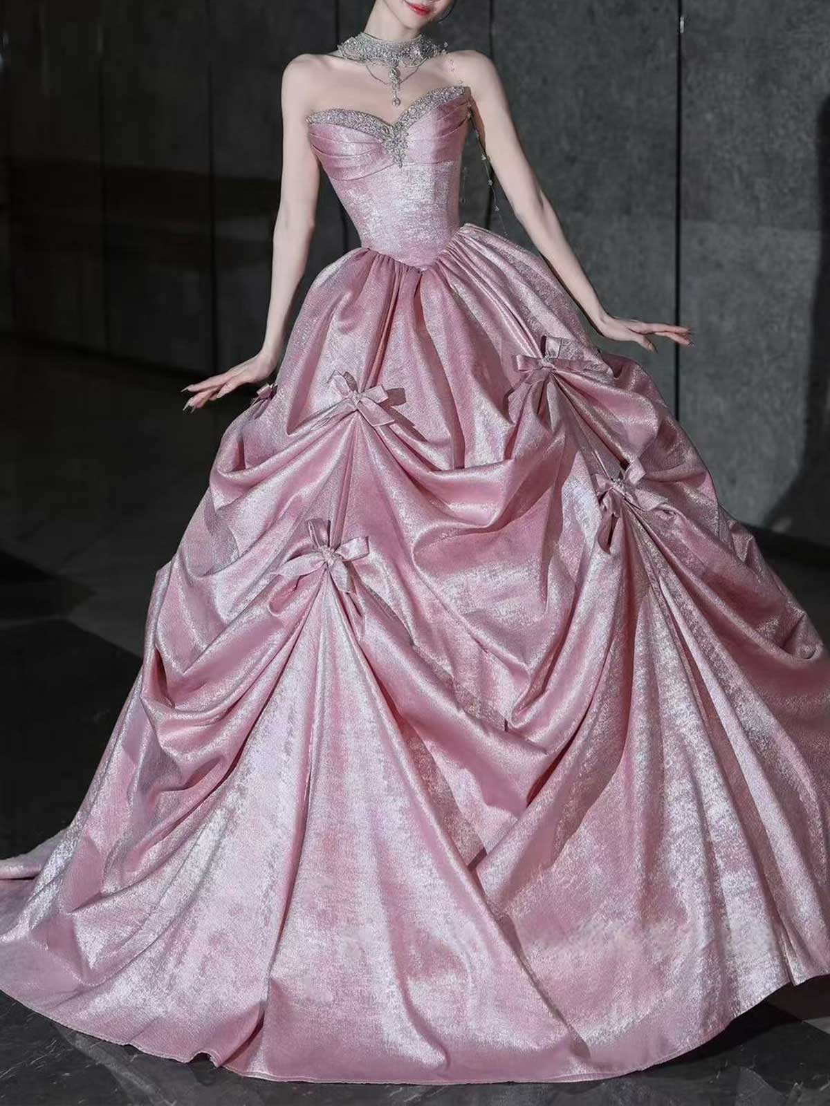 Blush Pink Strapless Satin Ball Gown with Bow Details