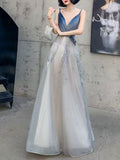 Spaghetti Strap Navy Velvet Feather Tulle Formal Evening Gown