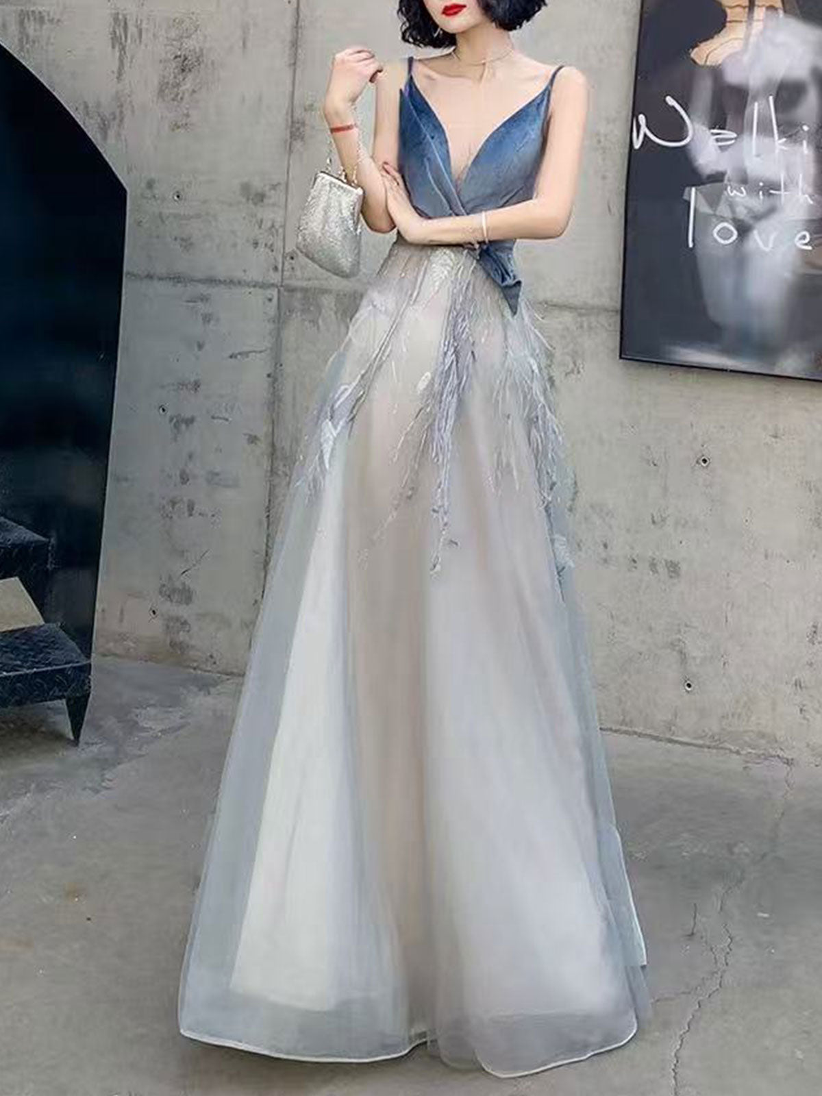 Spaghetti Strap Navy Velvet Feather Tulle Formal Evening Gown