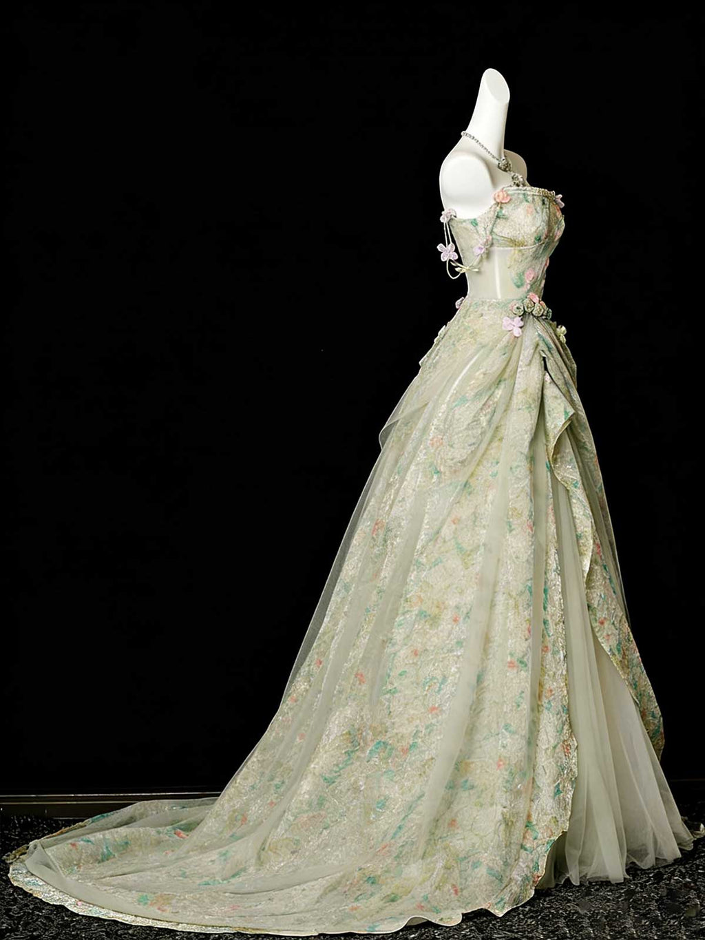 Enchanting Mint Green Floral Print Ball Gown with Train