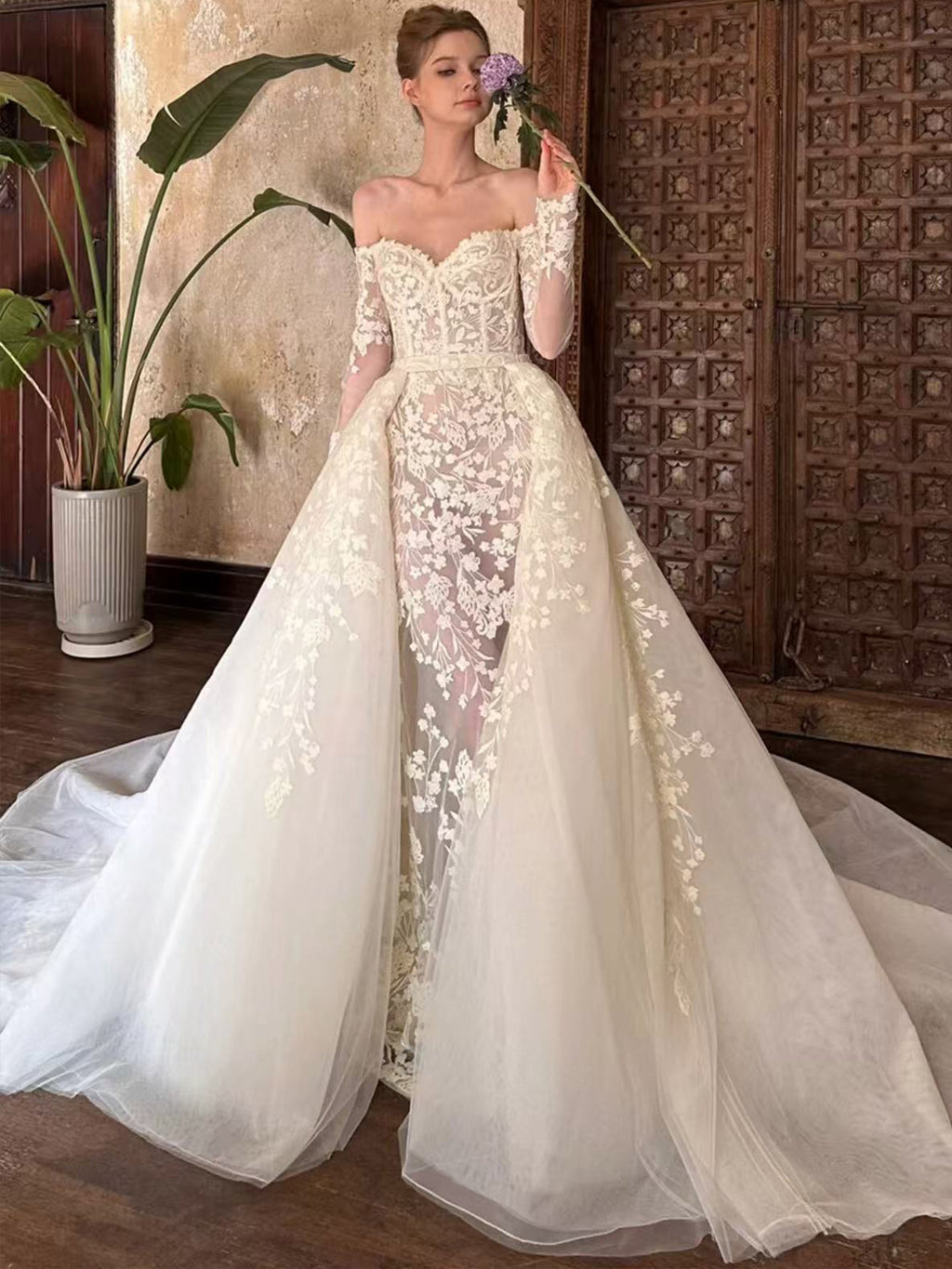 Off Shoulder Lace Long Sleeve Overskirt Mermaid Train Wedding Gown