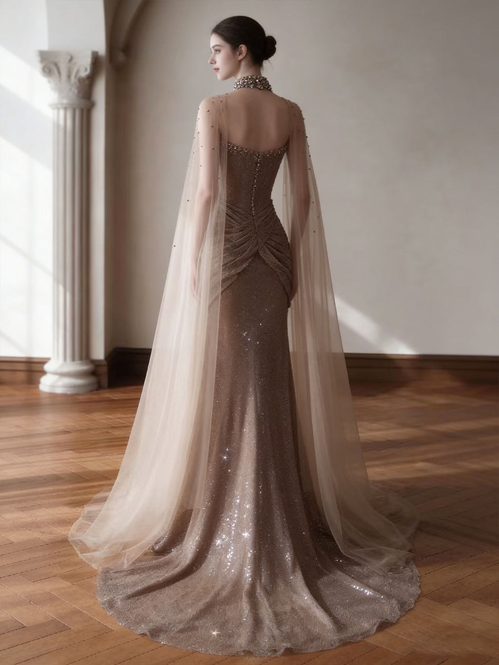 Champagne Gold Beaded Sheer Cape Mermaid Evening Gown