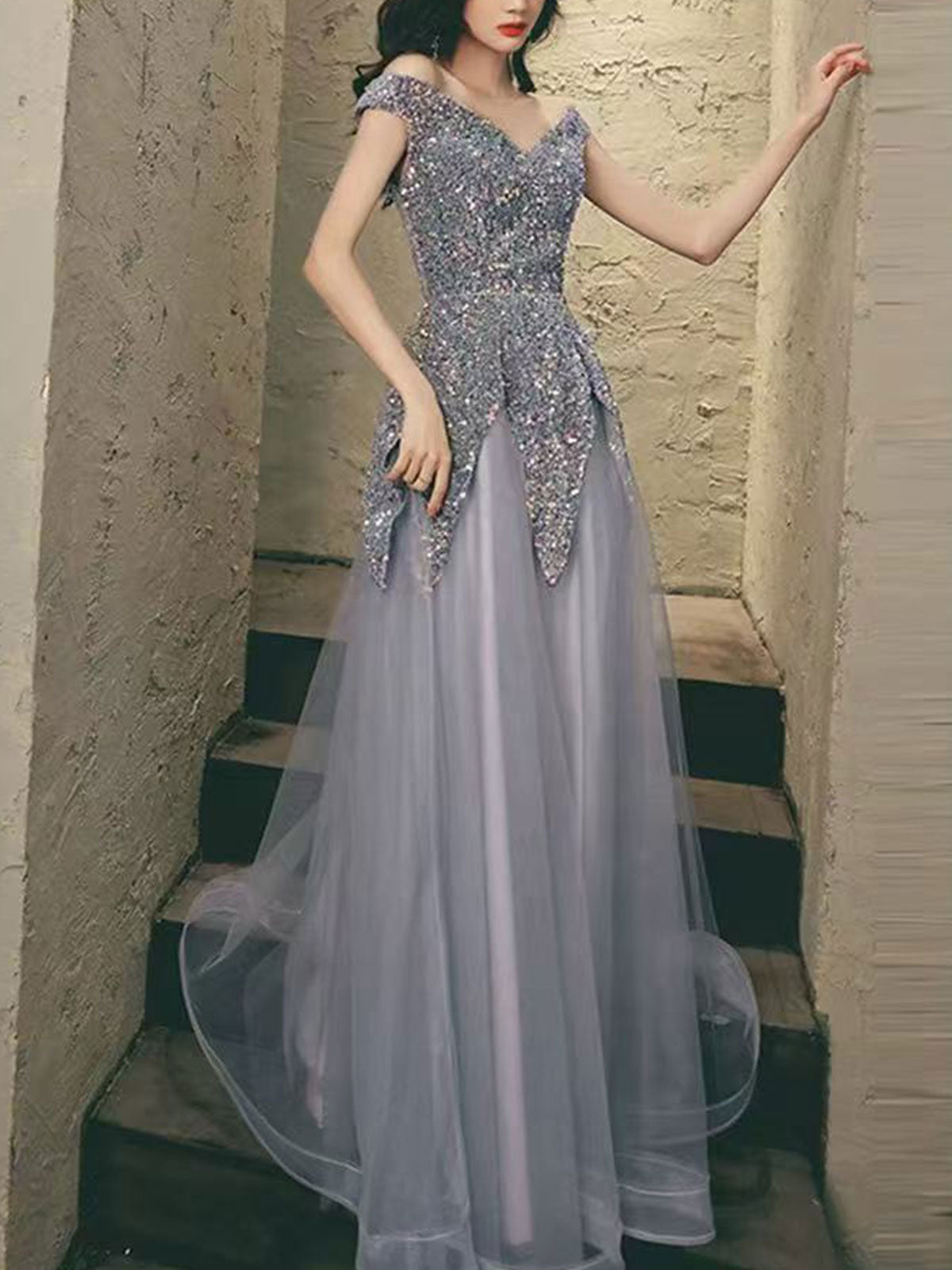 Off Shoulder Glitter Sequin Peplum Grey Tulle Formal Evening Dress