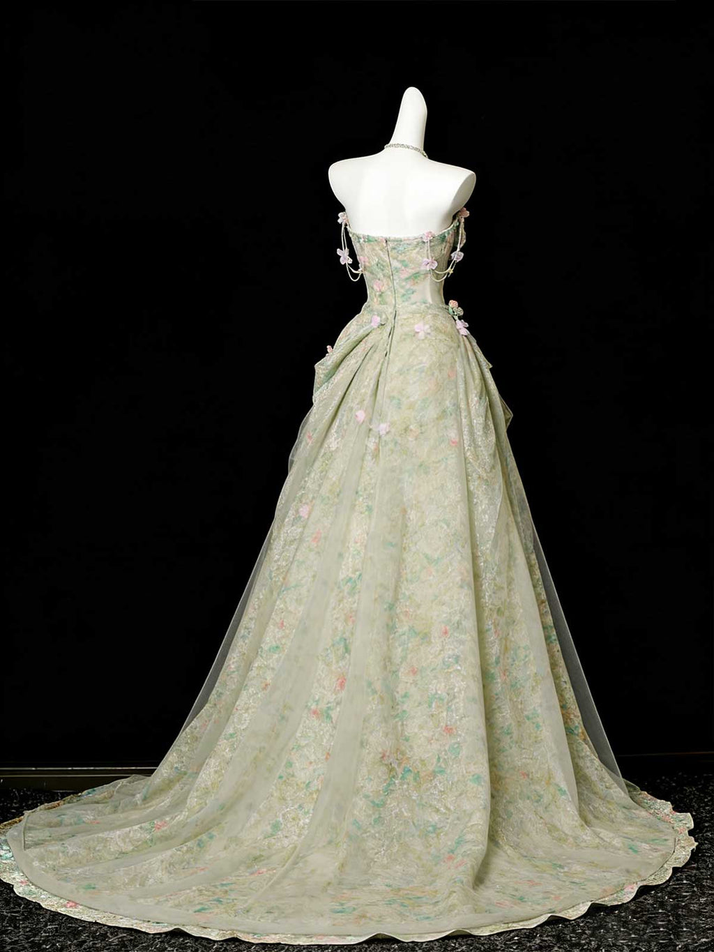 Enchanting Mint Green Floral Print Ball Gown with Train