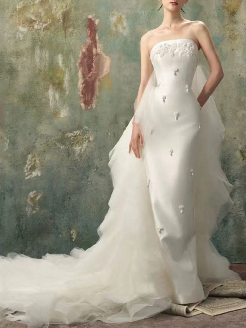 Strapless Satin 3D Floral Side Tulle Mermaid Train Wedding Gown
