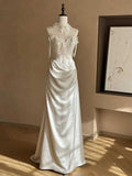 Ivory Lace Satin Mermaid Wedding Gown with Halter Neck