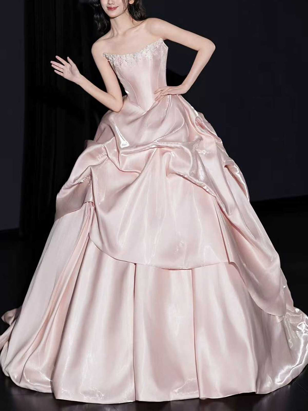 Light Pink Strapless Satin Ball Gown with Layered Skirt