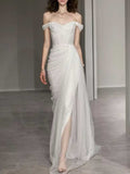 Ivory Off-the-Shoulder Tulle Wedding Dress with Draped Skirt & Slit