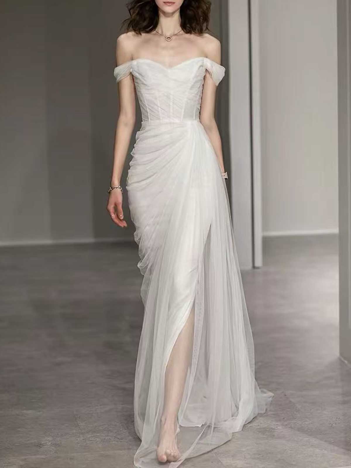 Ivory Off-the-Shoulder Tulle Wedding Dress with Draped Skirt & Slit