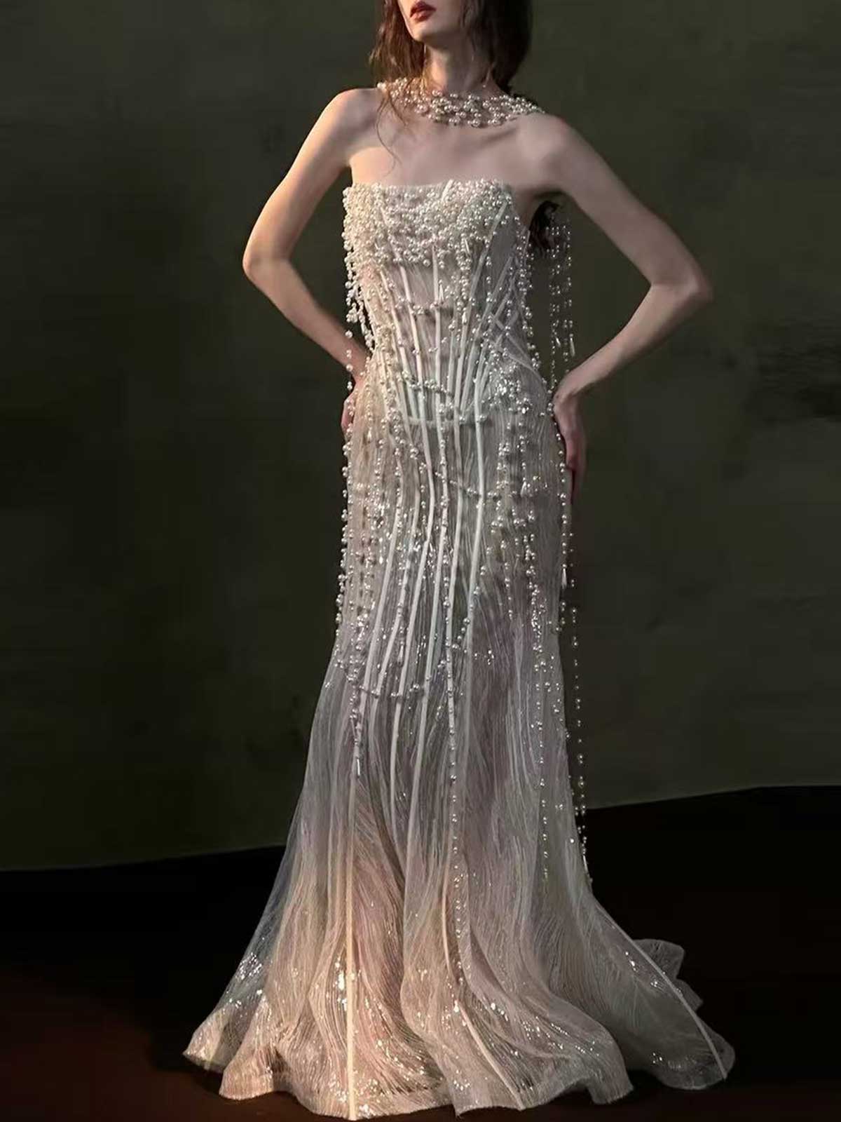 Pearl Beaded Fringe Strapless Sheath Mermaid Evening Gown