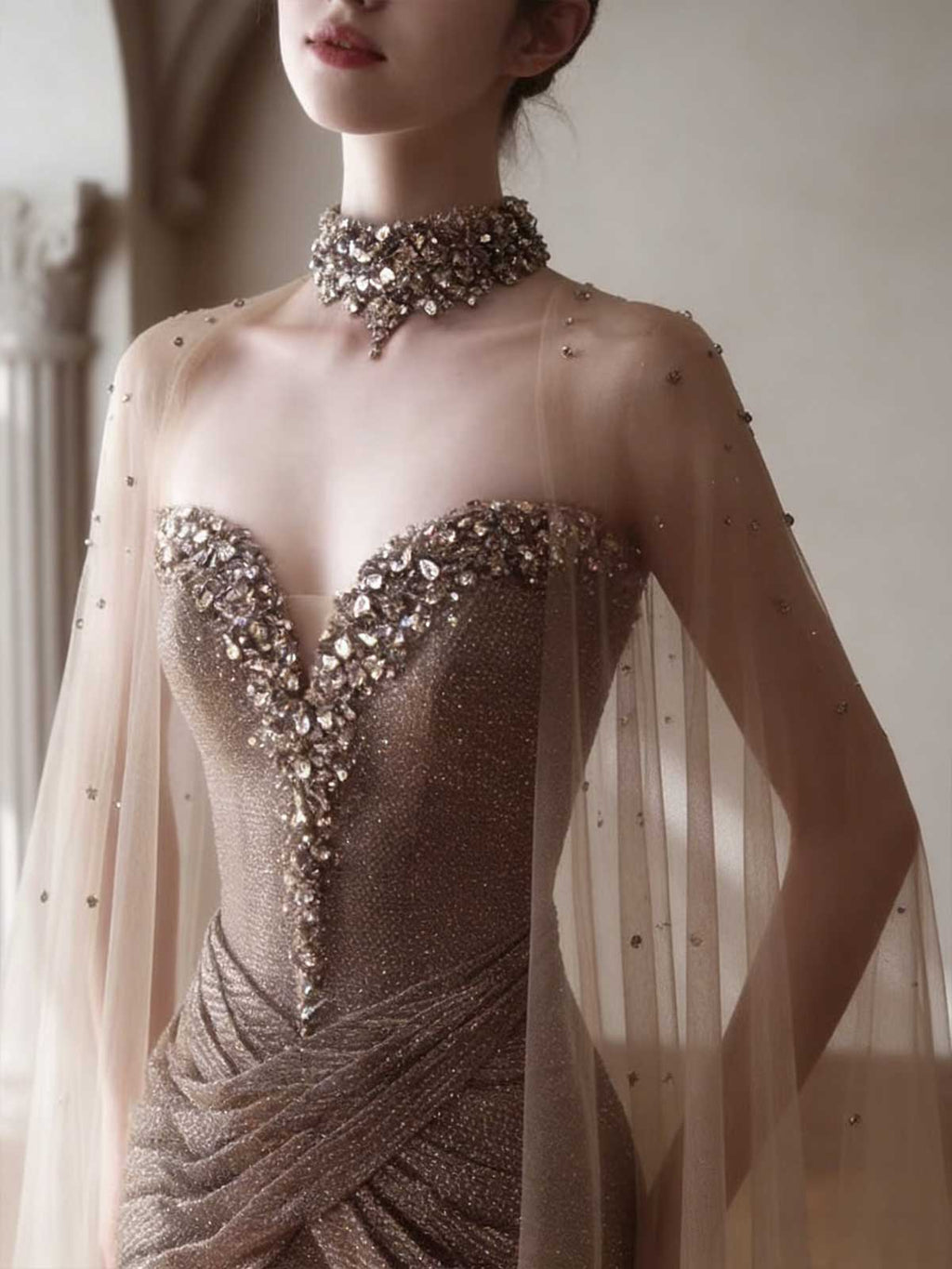 Champagne Gold Beaded Sheer Cape Mermaid Evening Gown