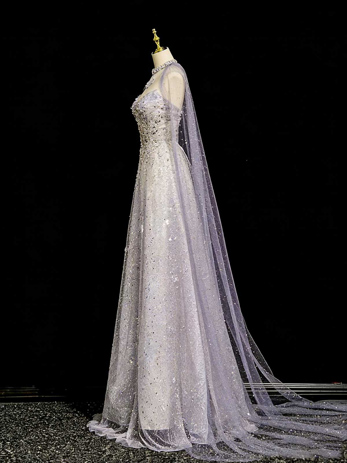 Lavender Gray Beaded Cape Sleeve Mermaid Evening Gown with Train