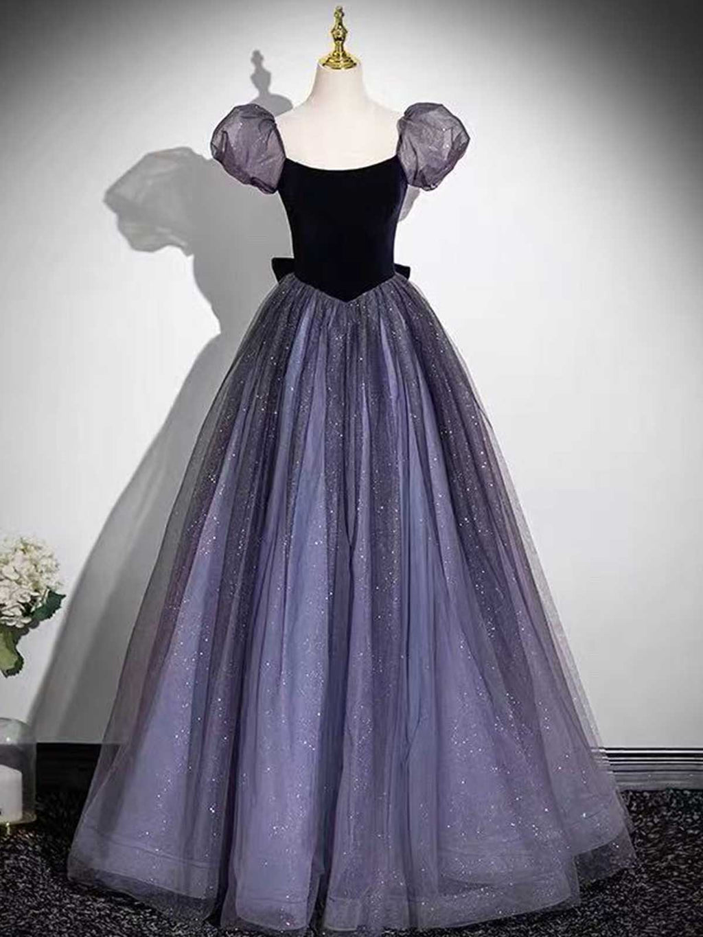 Black Velvet & Purple Tulle Puff Sleeve Ball Gown with Sparkle Skirt