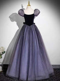 Black Velvet & Purple Tulle Puff Sleeve Ball Gown with Sparkle Skirt