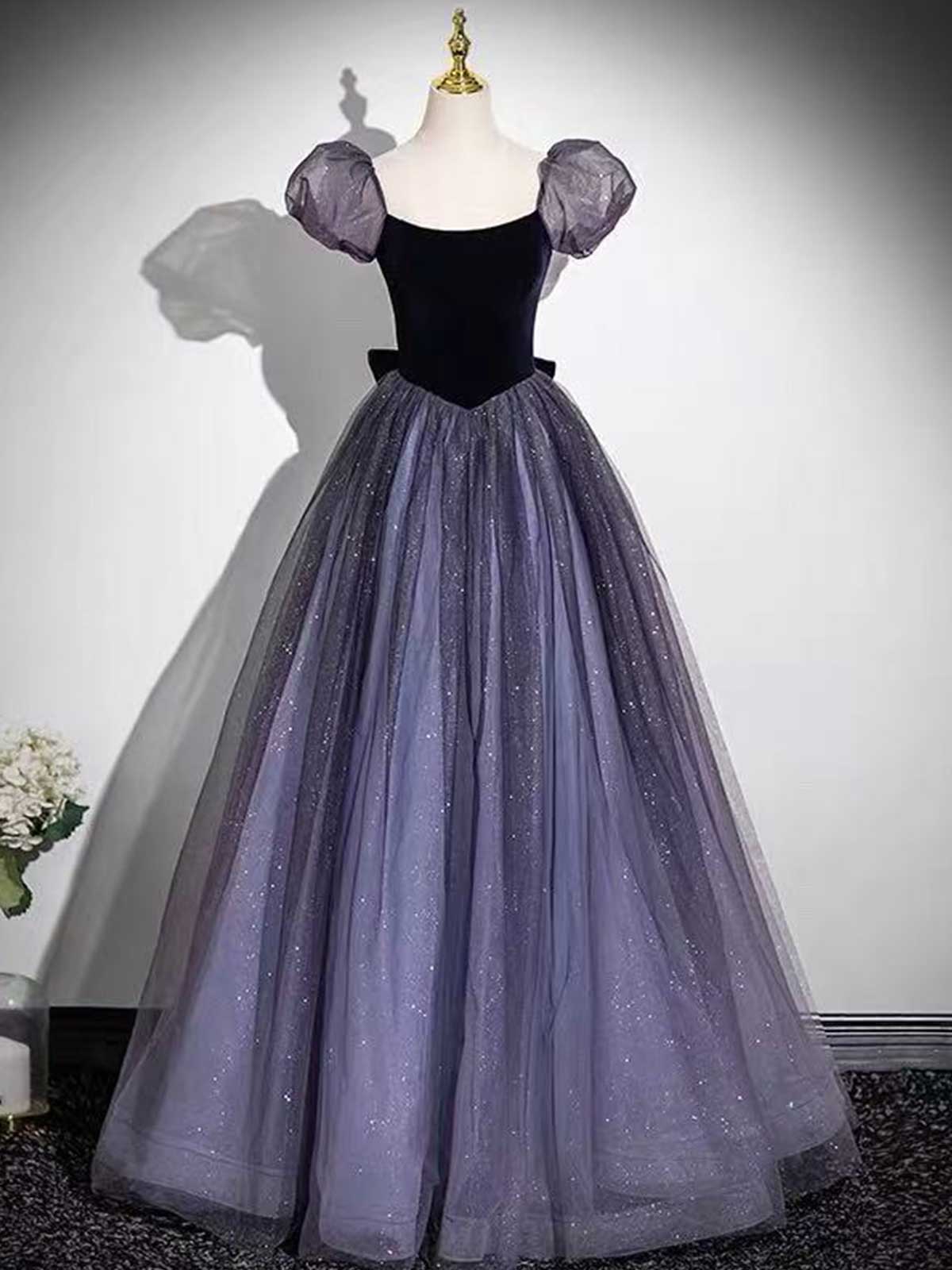 Black Velvet & Purple Tulle Puff Sleeve Ball Gown with Sparkle Skirt
