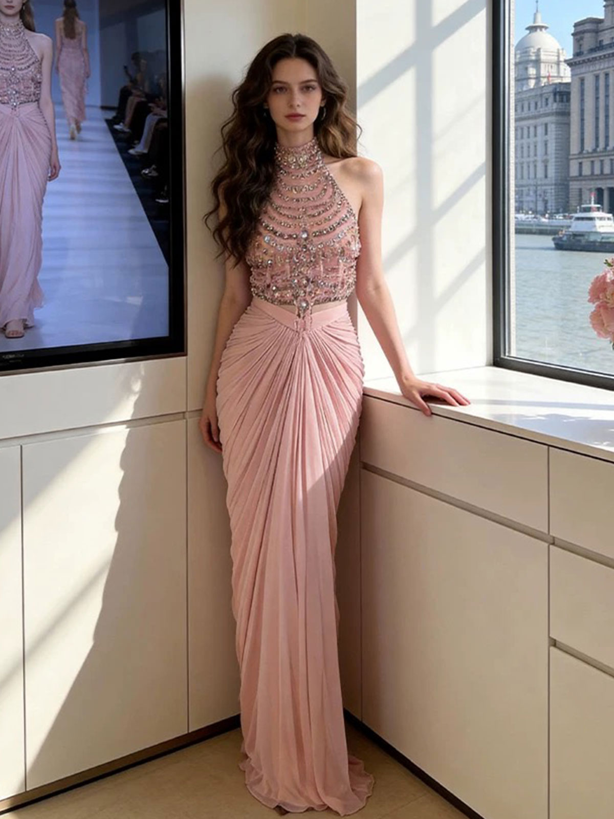 Blush Pink Beaded Halter Neck Ruched Satin Mermaid Evening Gown