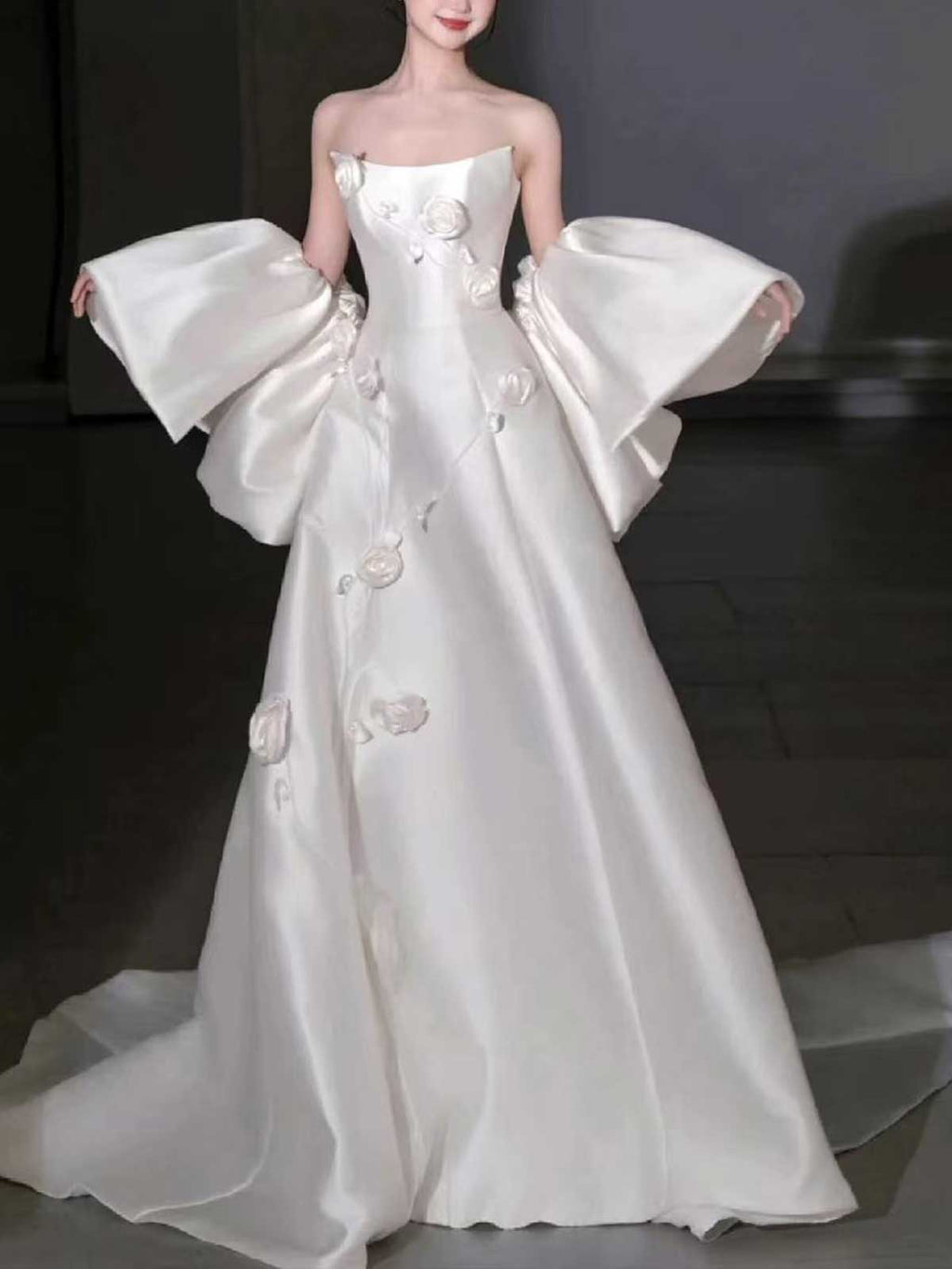 White Strapless Satin Wedding Dress with 3D Rose Appliqués and Detachable Sleeves