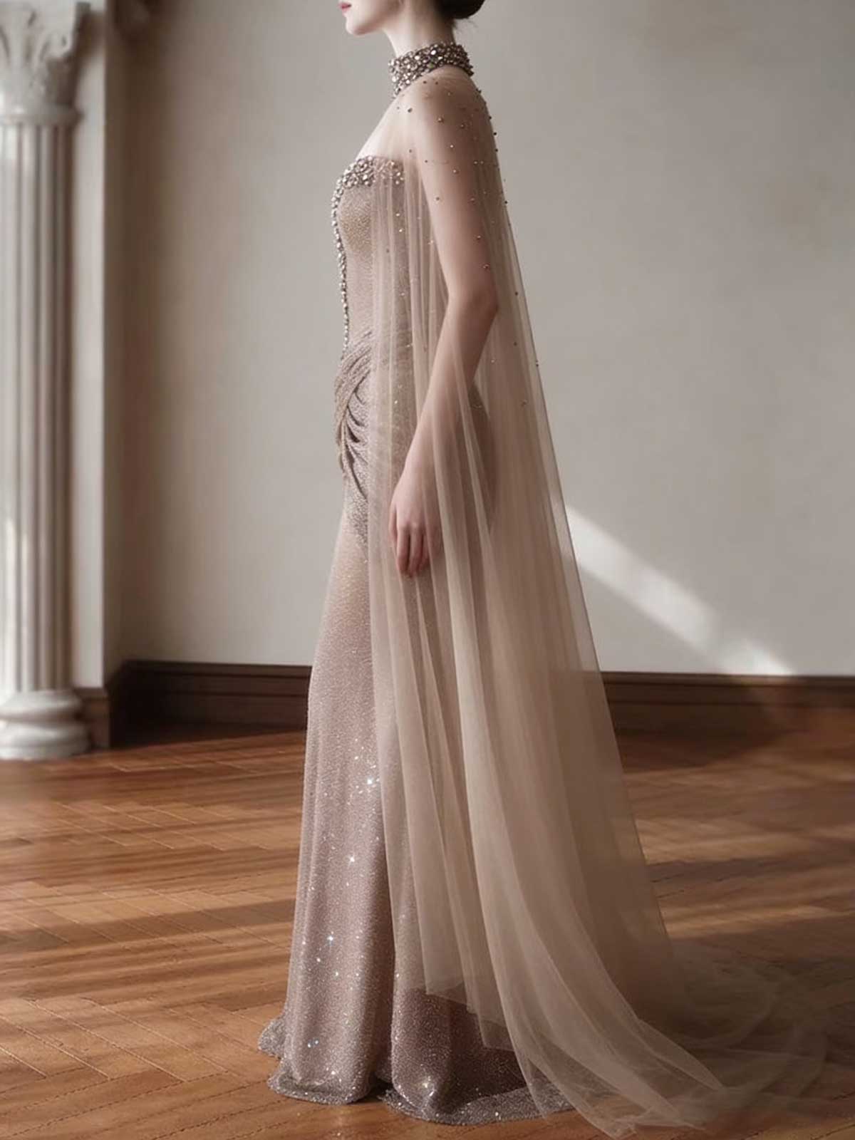 Champagne Gold Beaded Sheer Cape Mermaid Evening Gown