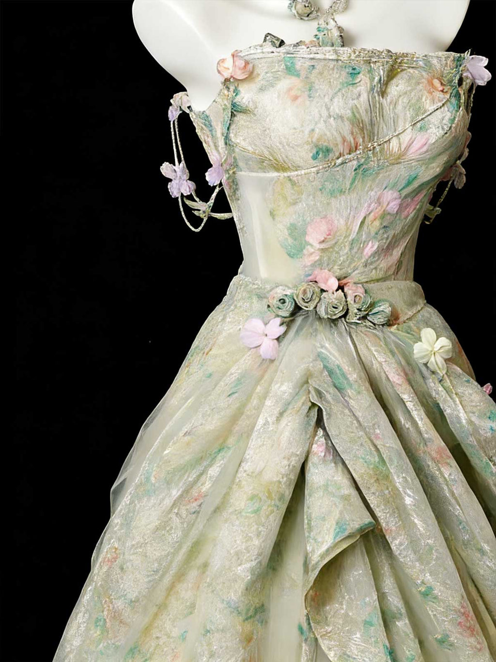 Enchanting Mint Green Floral Print Ball Gown with Train