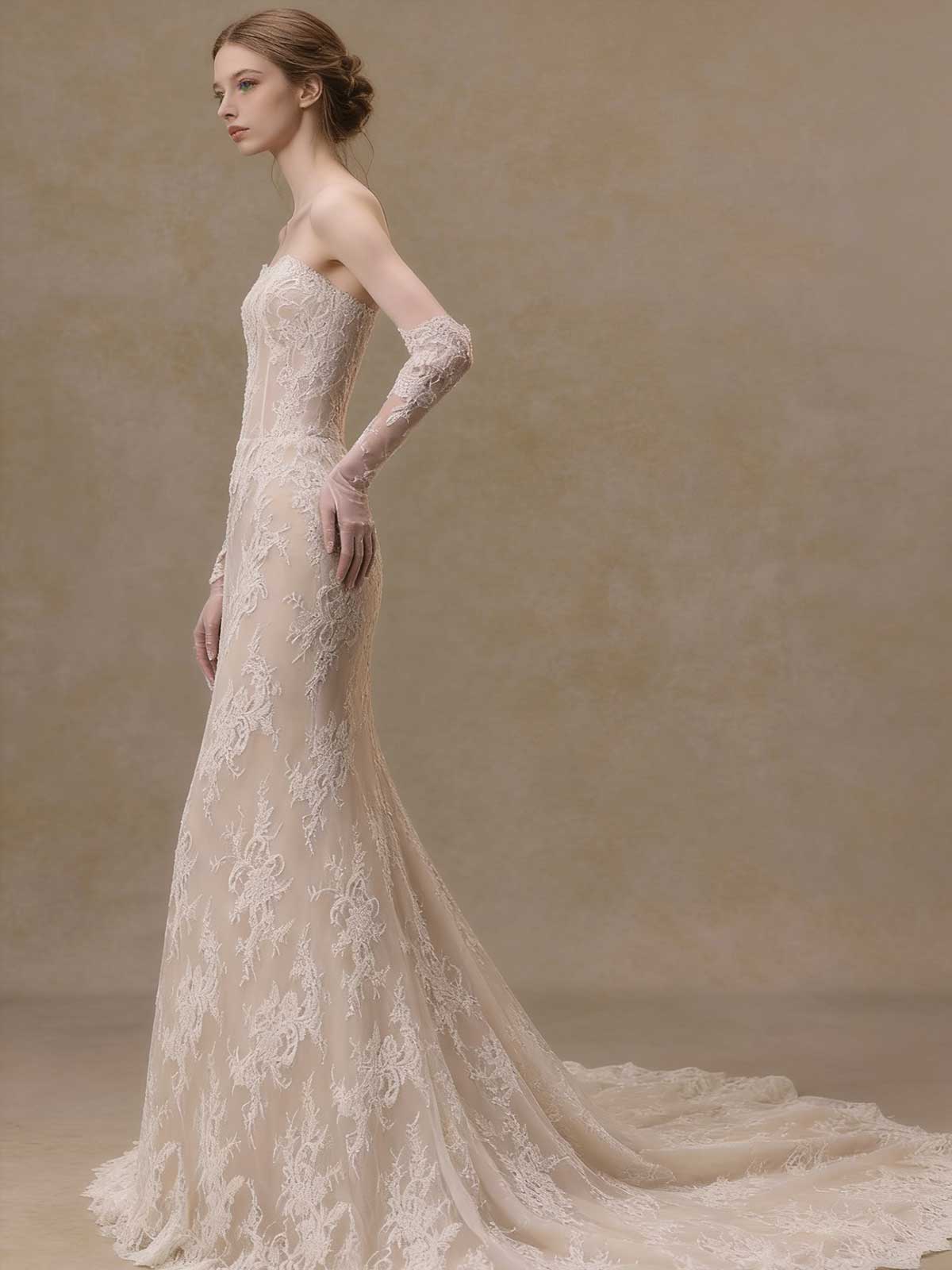 Lace Sweetheart Mermaid Wedding Dress with Detachable Tulle Gloves