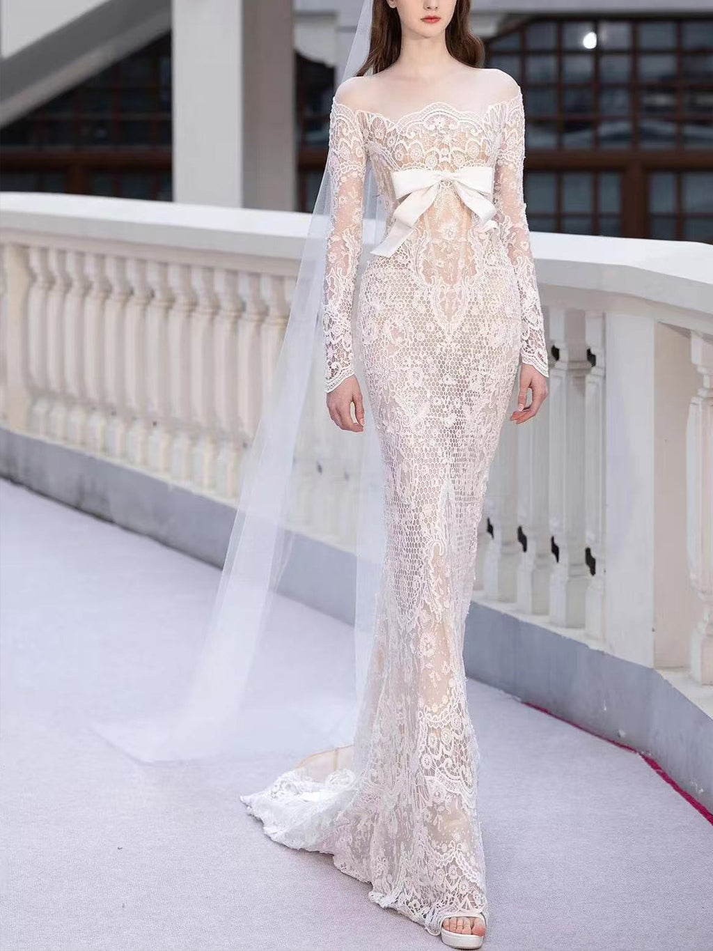 Off Shoulder Sheer Lace Long Sleeve Bow Mermaid Wedding Gown