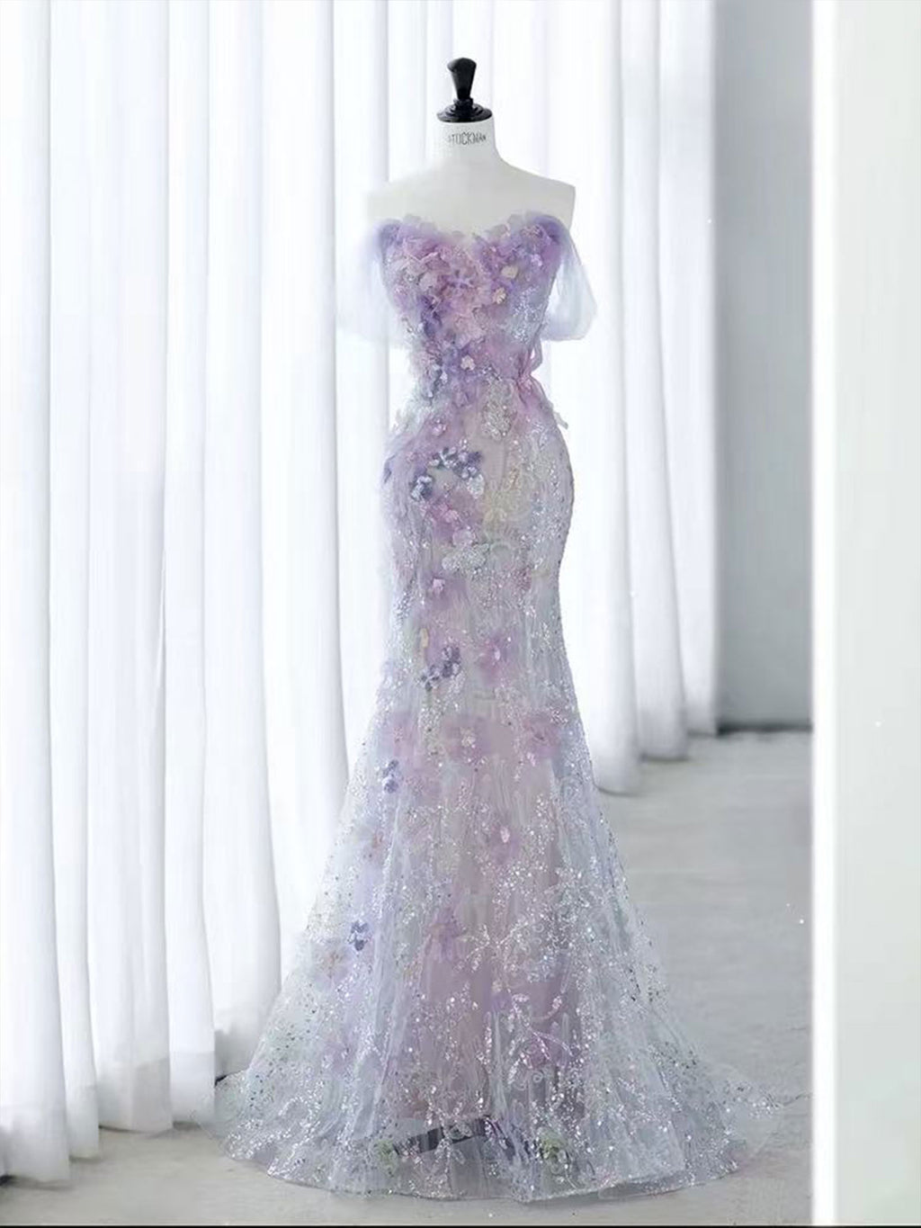 Strapless 3D Floral Lavender Glitter Tulle Mermaid Evening Gown