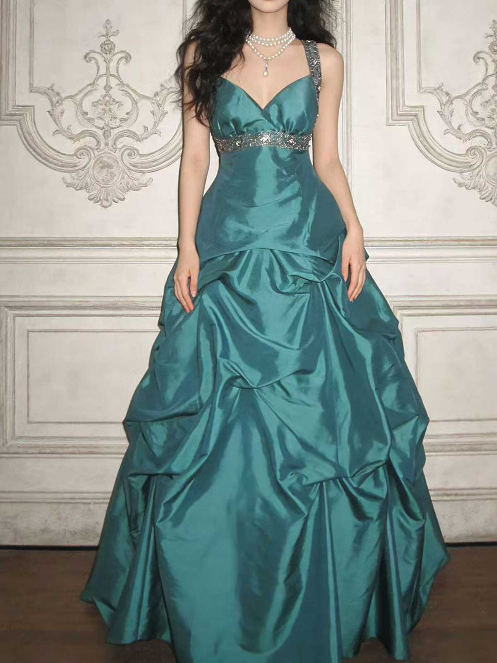 Teal Satin Beaded Ball Gown with V-Neck & Rhinestone Waistband