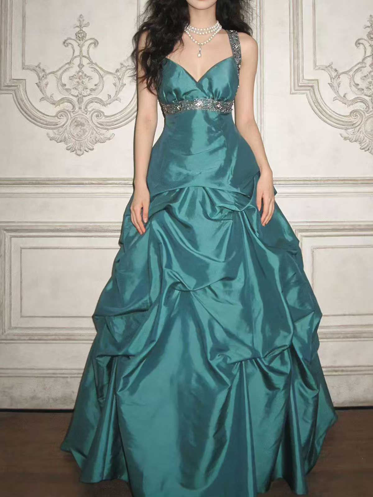 Teal Satin Beaded Ball Gown with V-Neck & Rhinestone Waistband