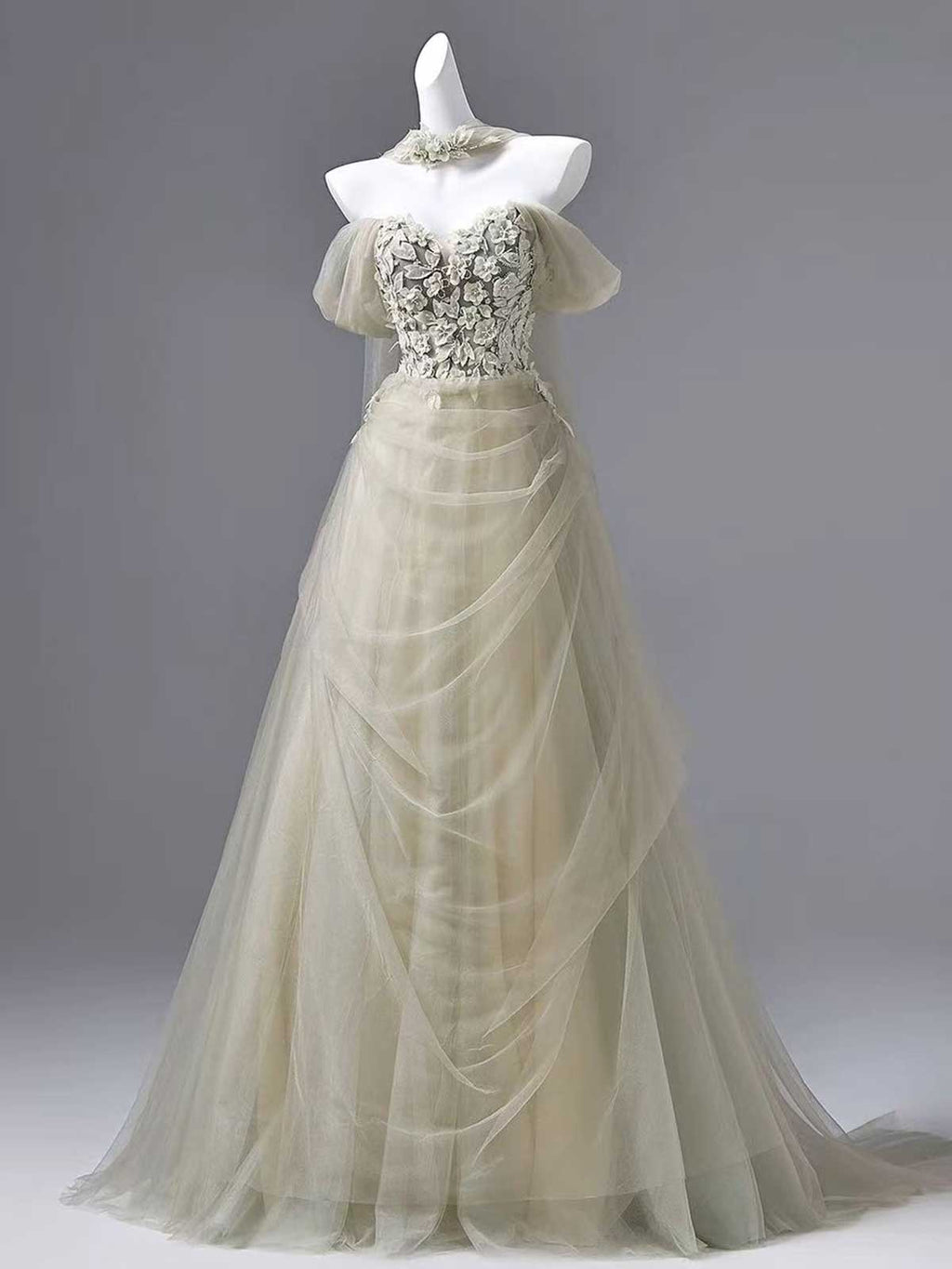 Sage Green Off-the-Shoulder Tulle Wedding Dress with 3D Floral Lace Bodice