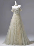Sage Green Off-the-Shoulder Tulle Wedding Dress with 3D Floral Lace Bodice