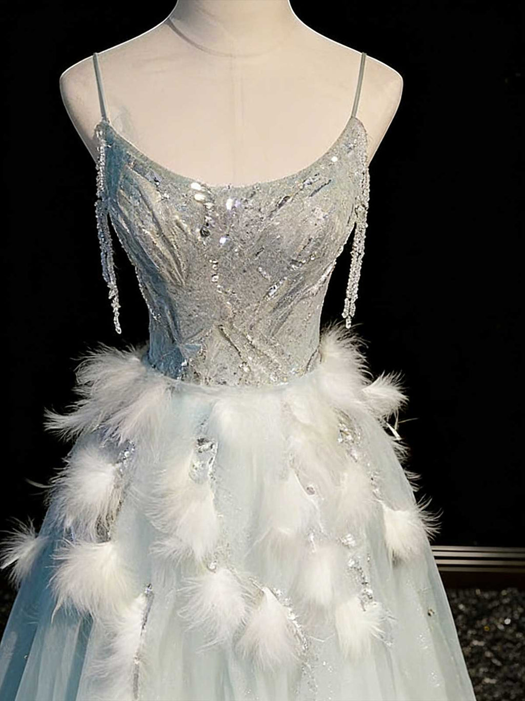 Mint Green Feather Fringe Spaghetti Strap A-Line Prom Gown