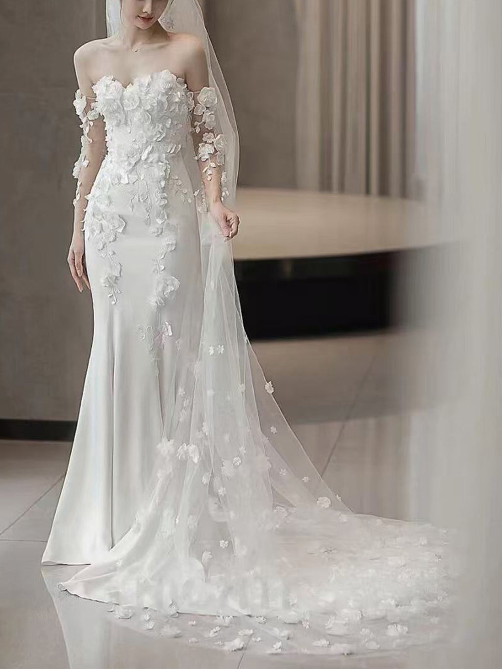 Off Shoulder 3D Floral Lace Long Sleeve Mermaid Train Wedding Gown