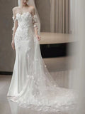 Off Shoulder 3D Floral Lace Long Sleeve Mermaid Train Wedding Gown