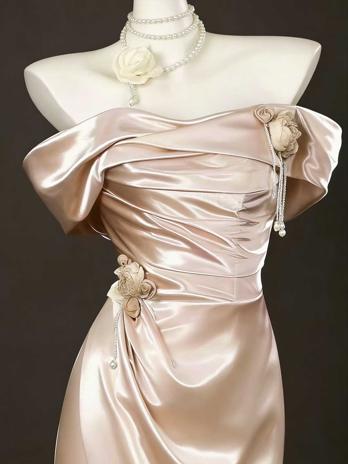 Luxury Champagne Satin Off-Shoulder Evening Gown