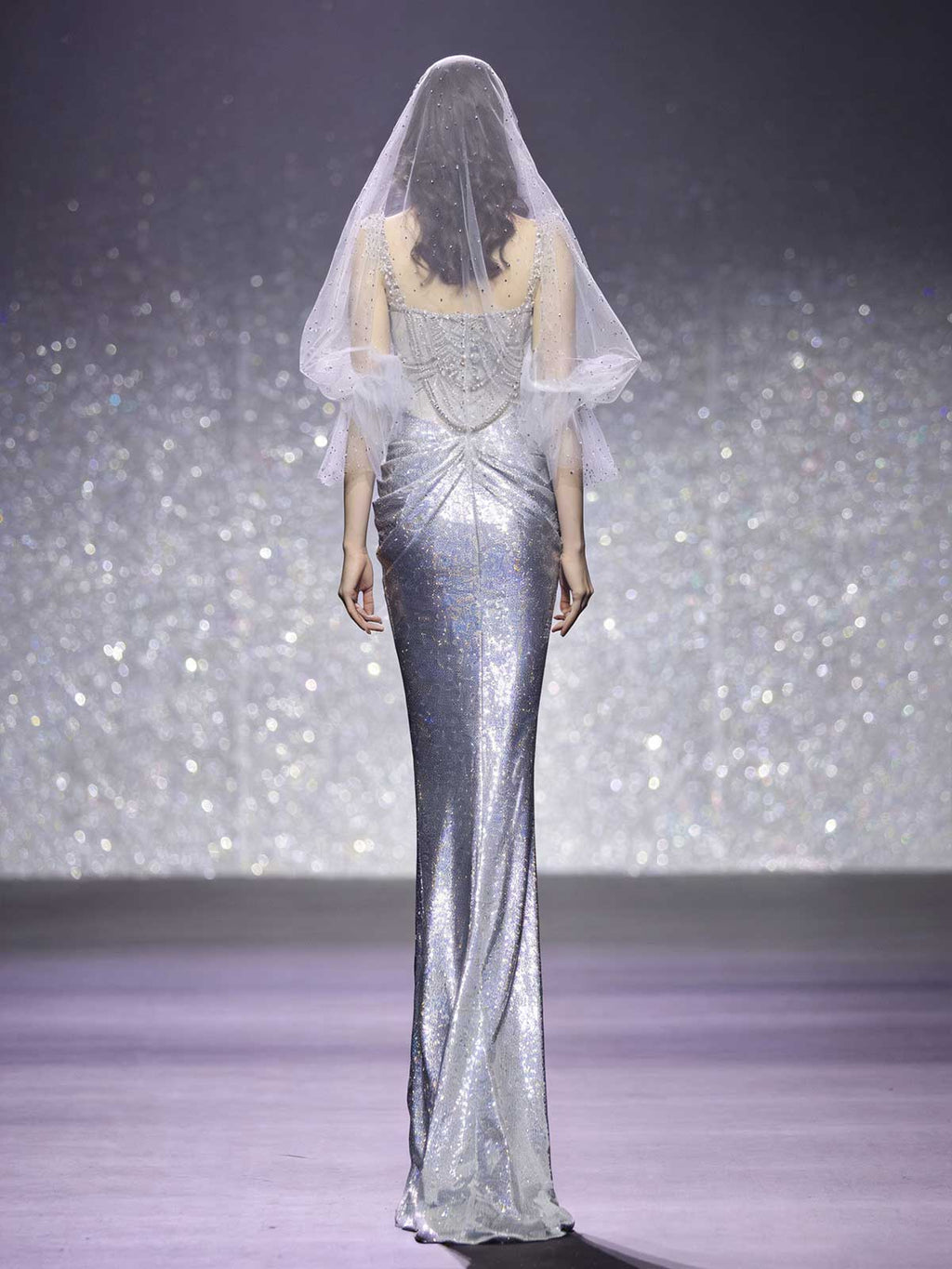 Silver Sequin Gradient Square Neck Mermaid Pageant Gown with Veil