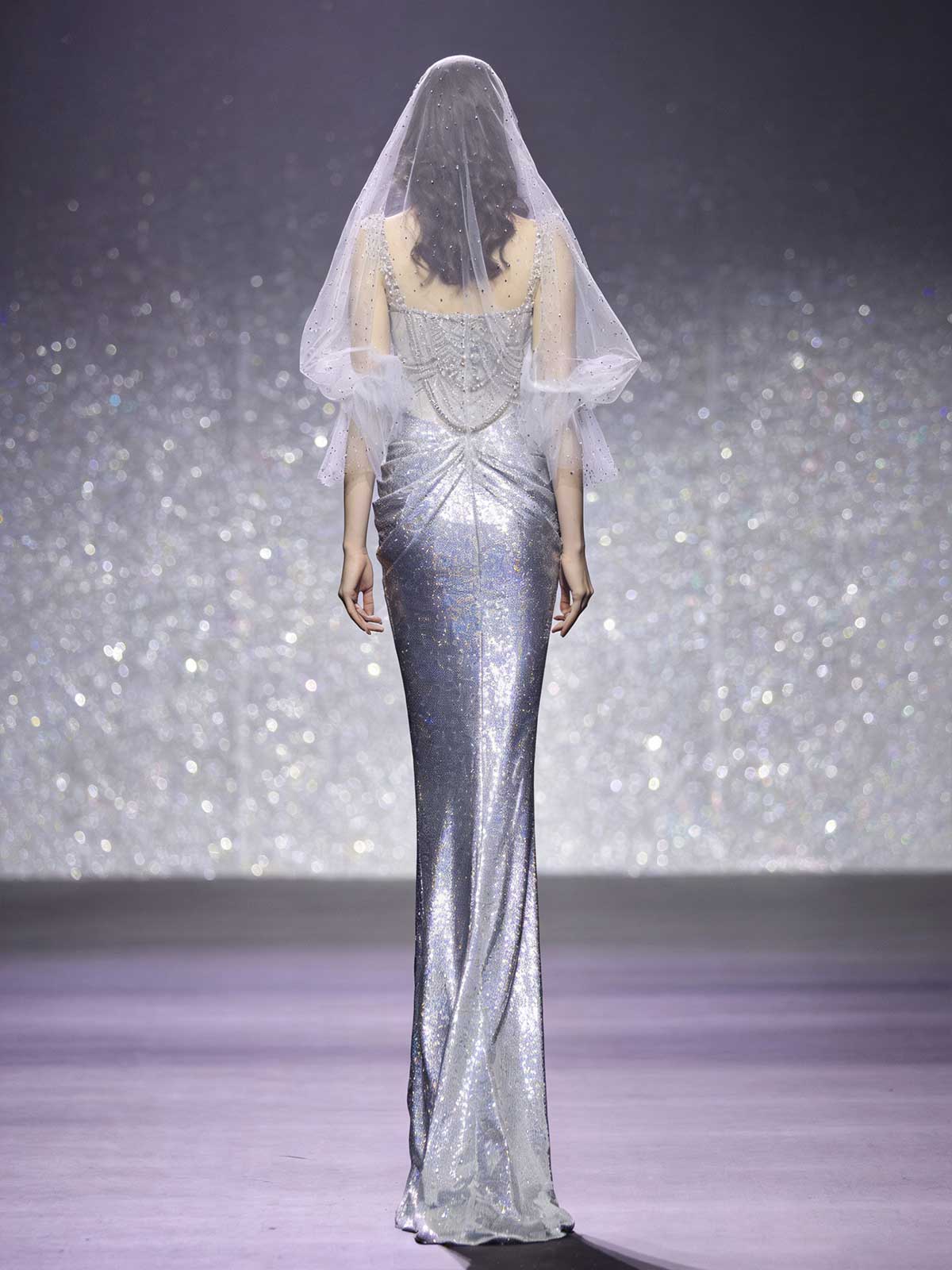 Silver Sequin Gradient Square Neck Mermaid Pageant Gown with Veil