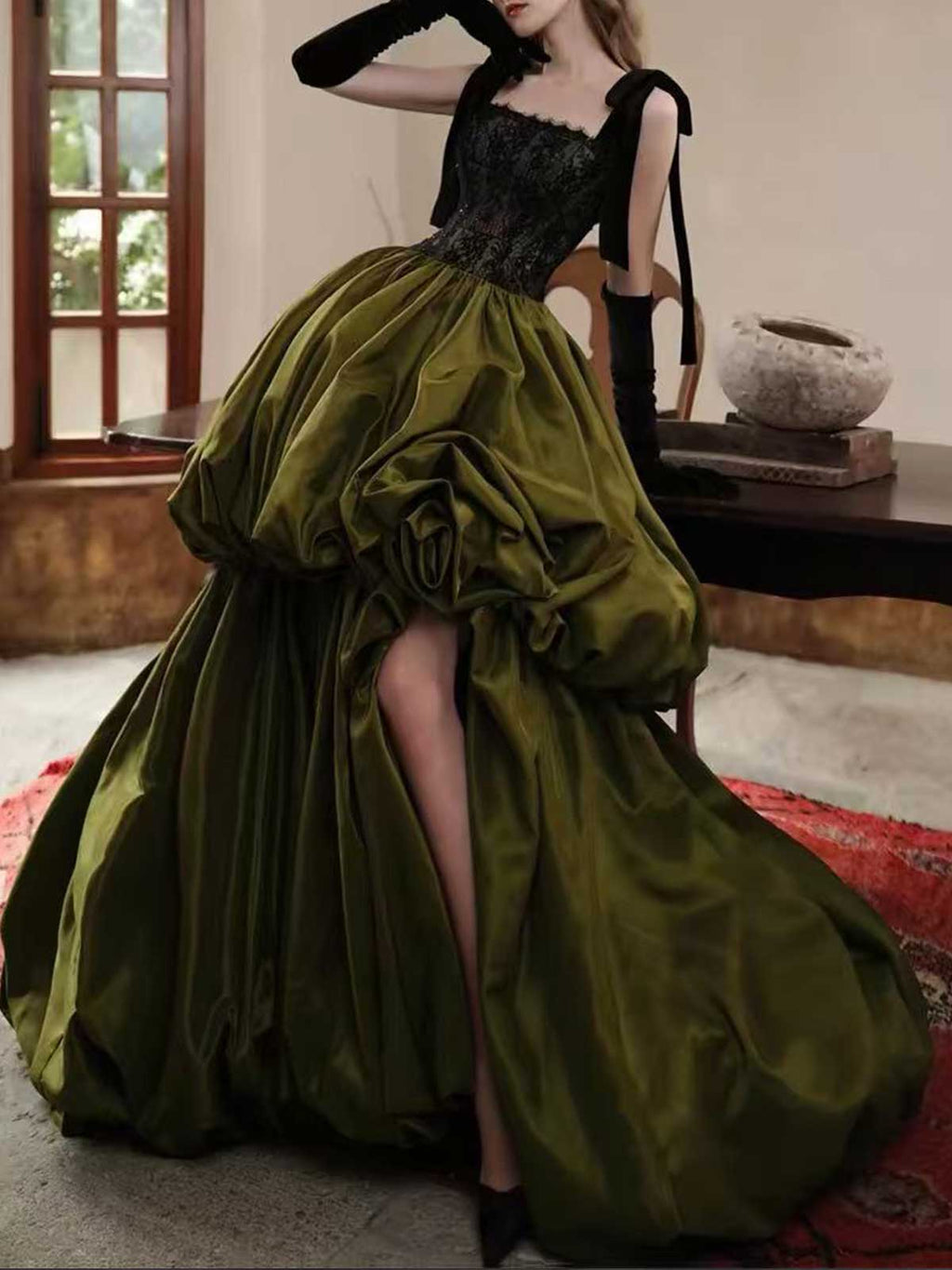 Olive Green Strapless Satin Ball Gown with Lace Corset Bodice