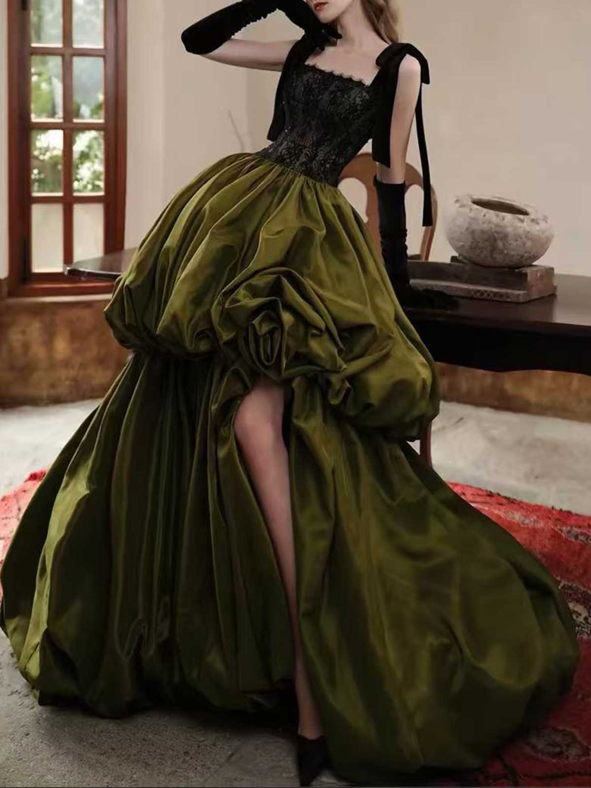 Olive Green Strapless Satin Ball Gown with Lace Corset Bodice
