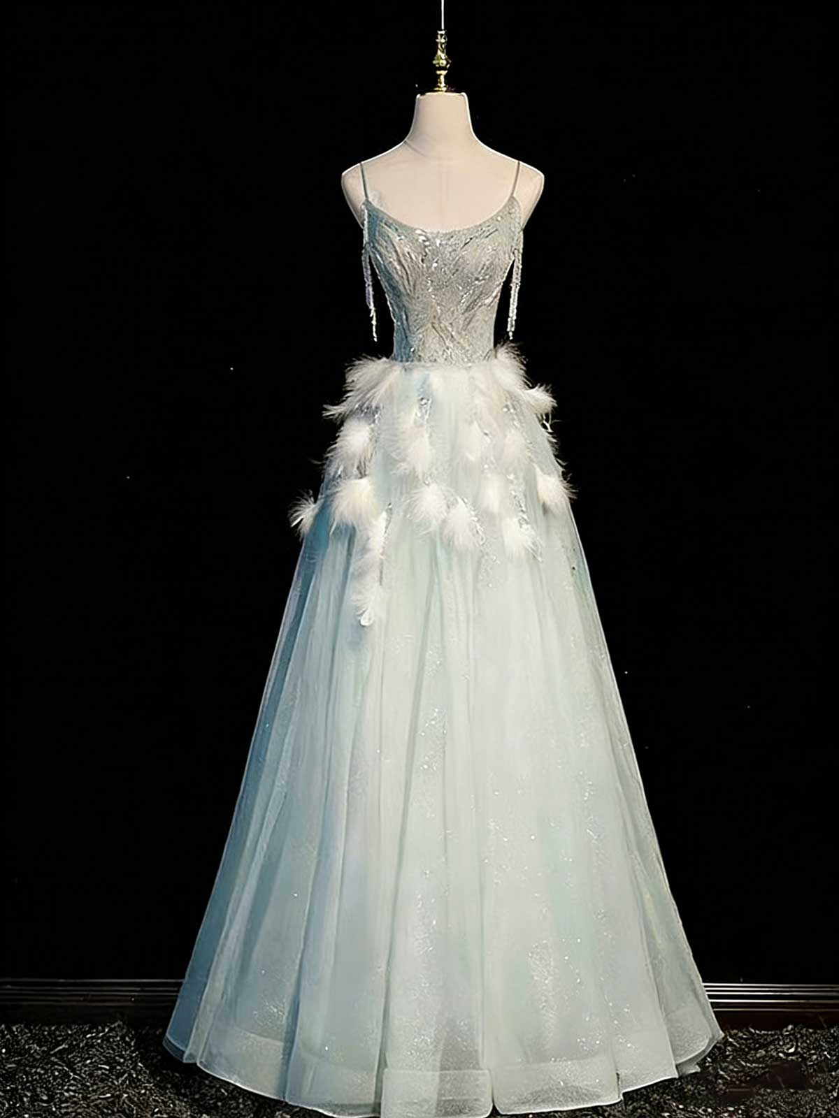 Mint Green Feather Fringe Spaghetti Strap A-Line Prom Gown