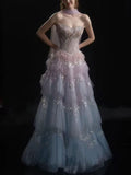 Strapless Ombre Tulle Tiered Sequin Layered Evening Ball Gown 描述