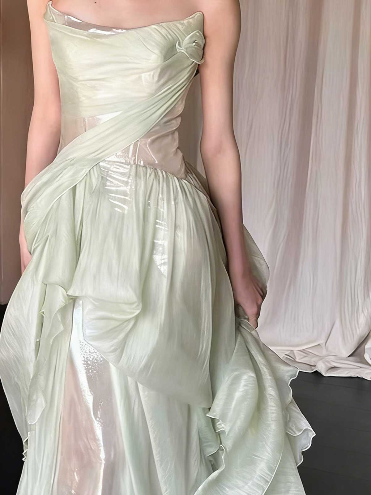 Mint Green Halter Ruffled Metallic Maxi Evening Gown