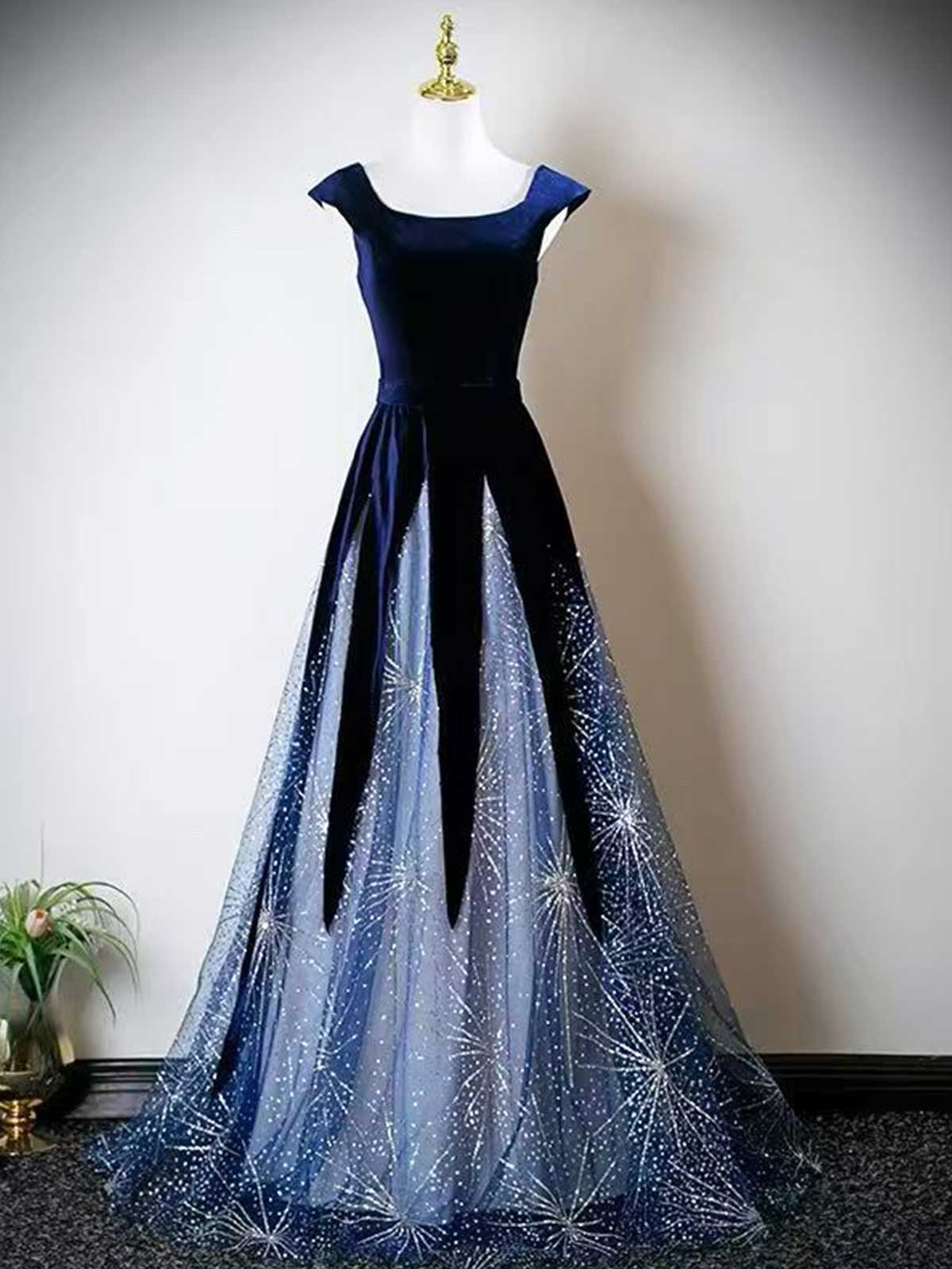 Navy Blue Velvet & Starburst Tulle A-Line Evening Gown