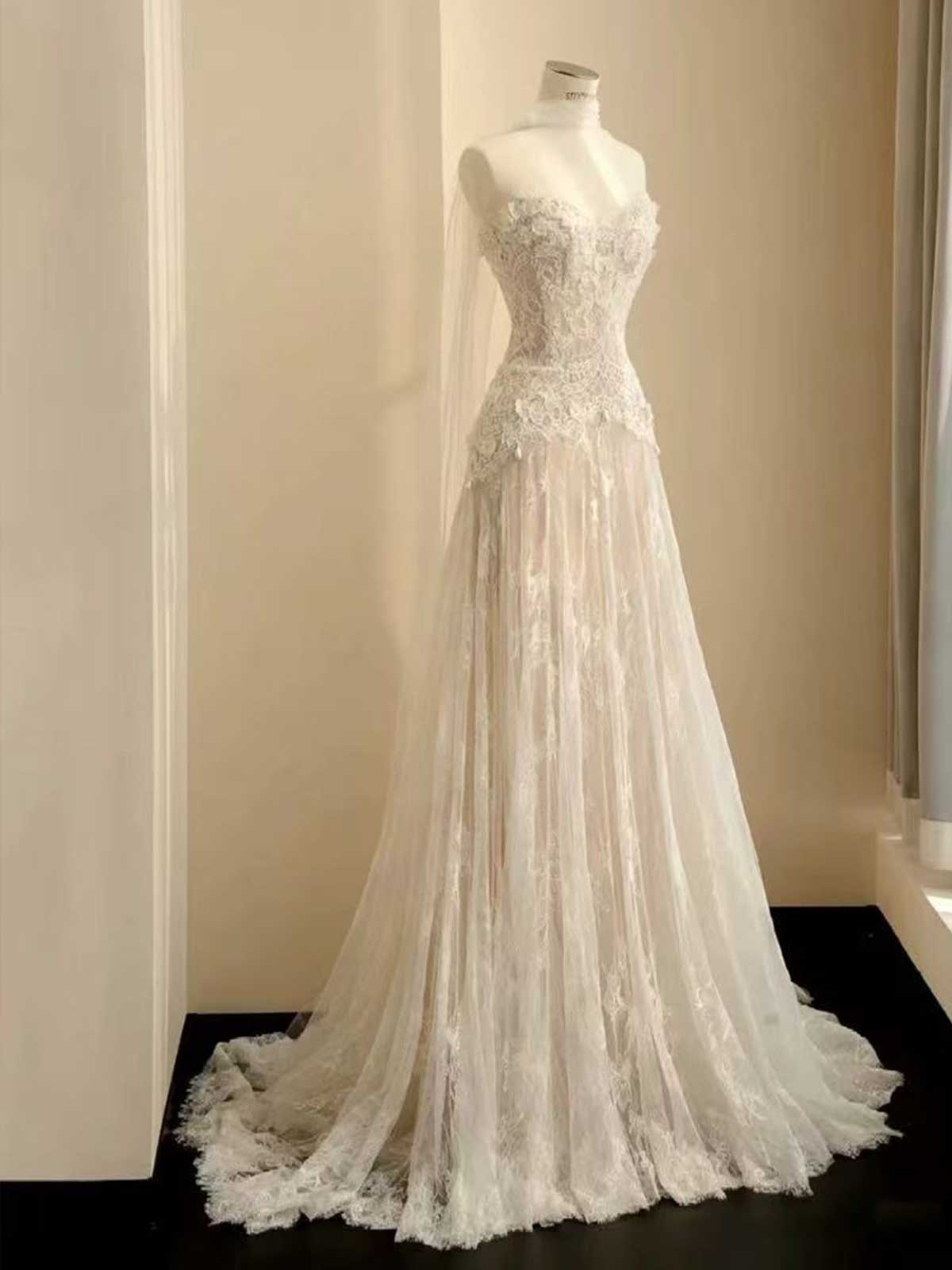 Ivory Lace Strapless Sheer A-Line Wedding Dress with Cape & Train