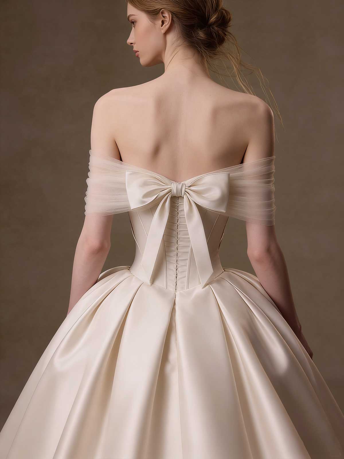 Ivory Oversized Bow Strapless Satin Ball Gown Wedding Dress