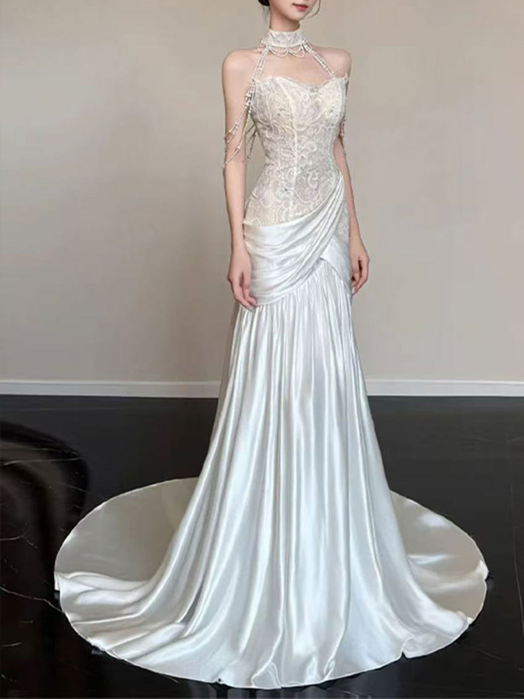 Ivory Lace Halter Neck Beaded Satin Mermaid Wedding Dress