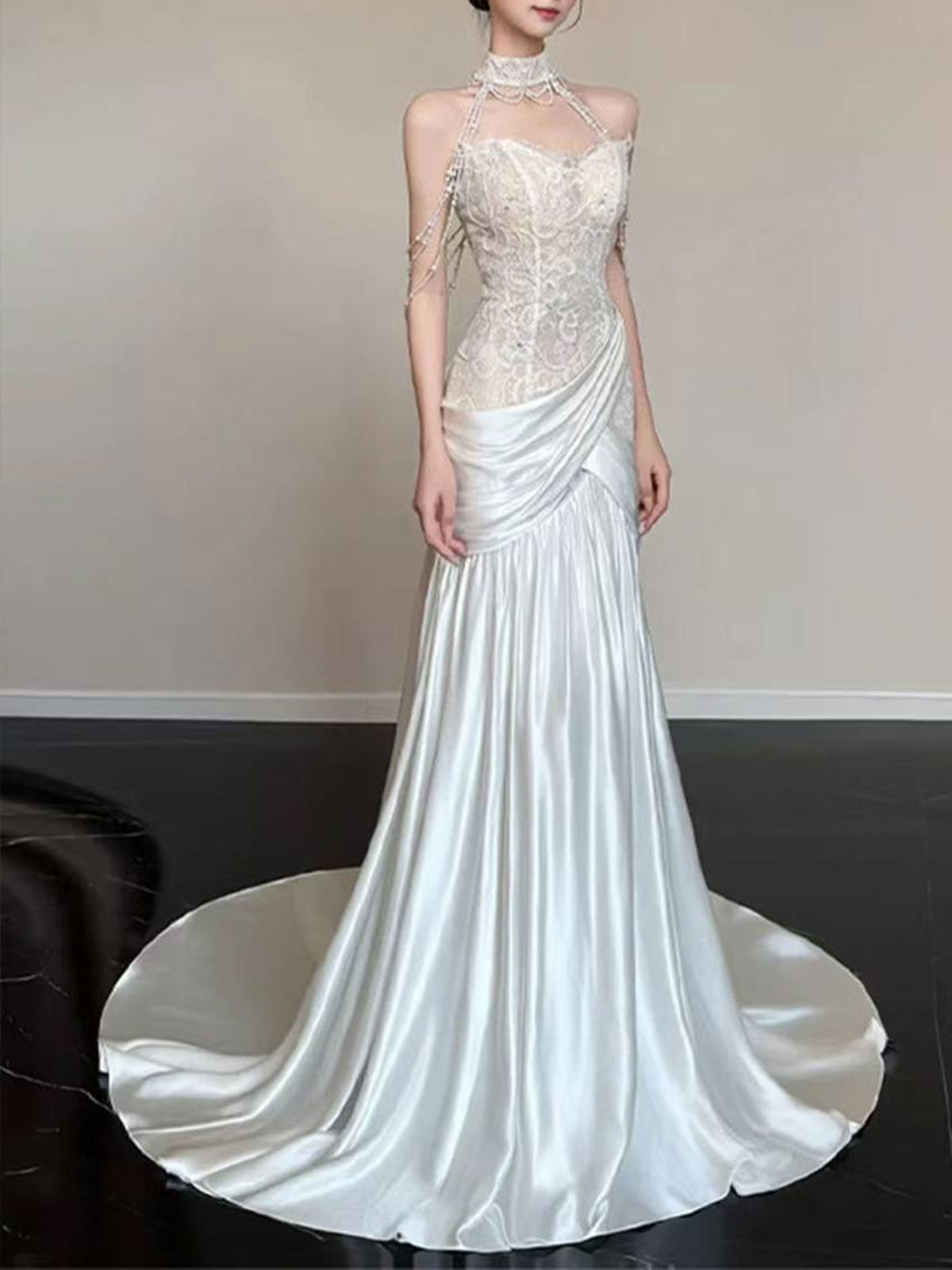 Ivory Lace Halter Neck Beaded Satin Mermaid Wedding Dress