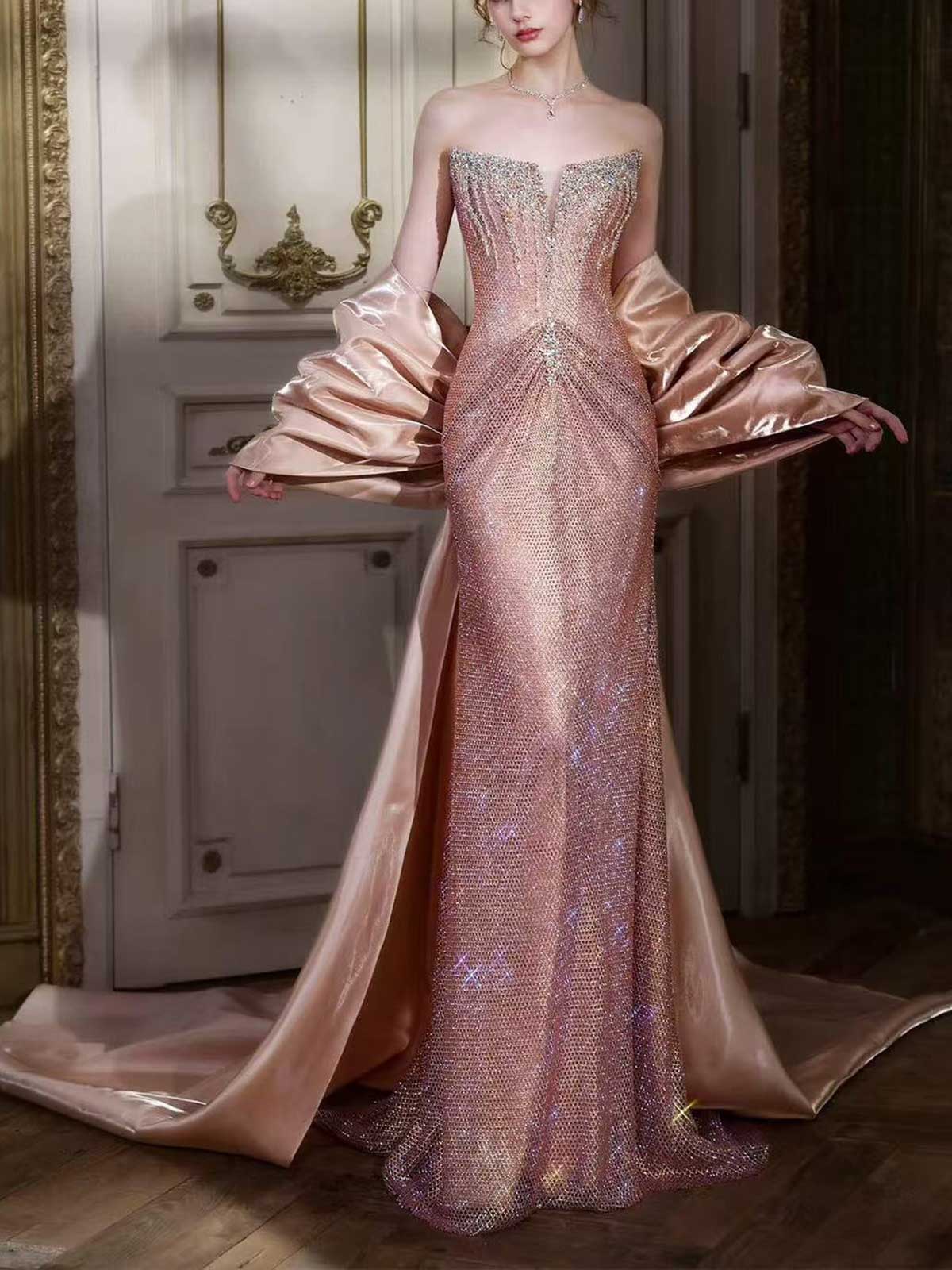 Rose Gold Strapless Crystal Mesh Mermaid Evening Gown with Satin Cape